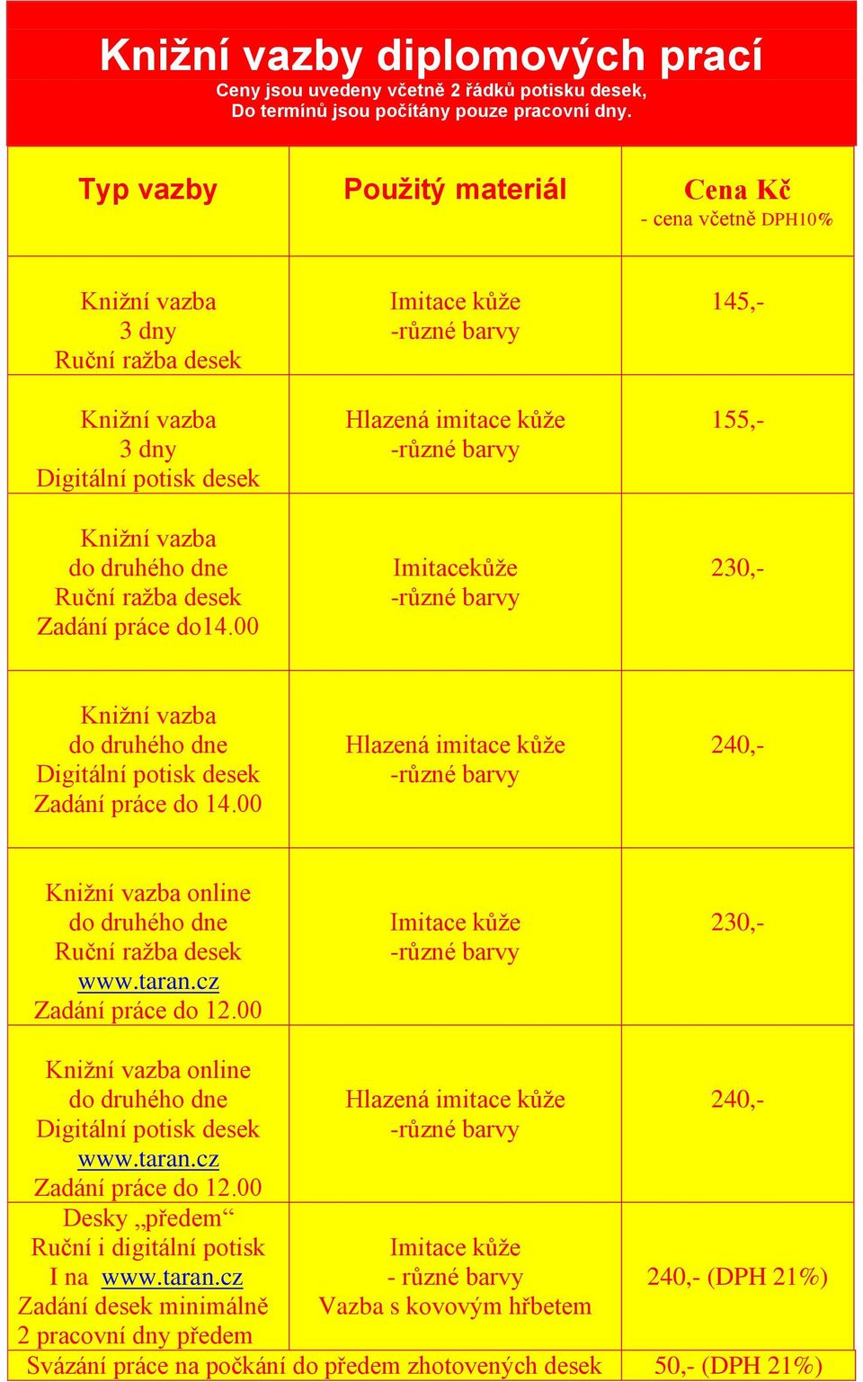 00 Imitace kůže Hlazená imitace kůže Imitacekůže 145,- 155,- 230,- Knižní vazba do druhého dne Digitální potisk desek Zadání práce do 14.