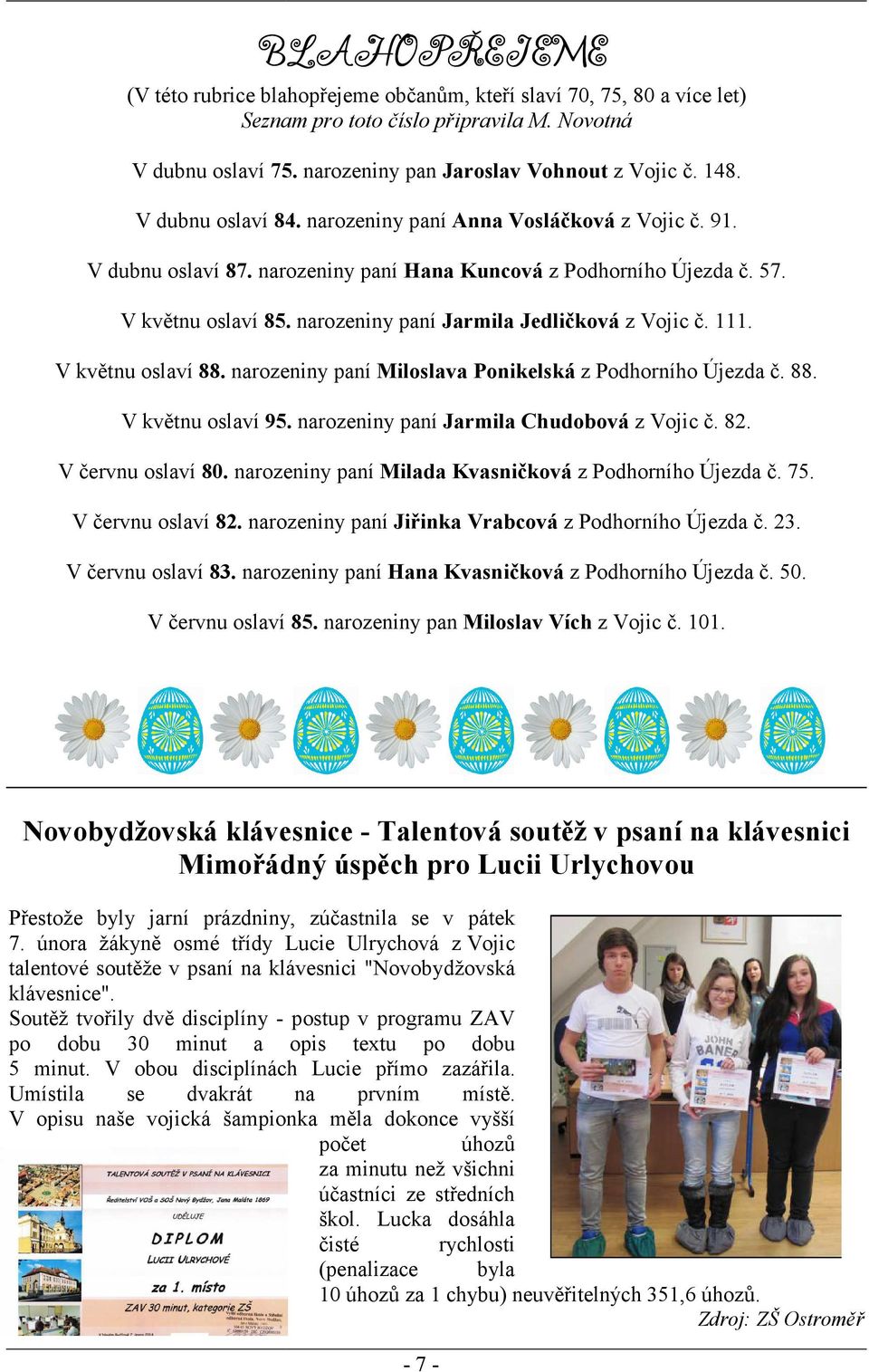 narozeniny paní Jarmila Jedličková z Vojic č. 111. V květnu oslaví 88. narozeniny paní Miloslava Ponikelská z Podhorního Újezda č. 88. V květnu oslaví 95. narozeniny paní Jarmila Chudobová z Vojic č.