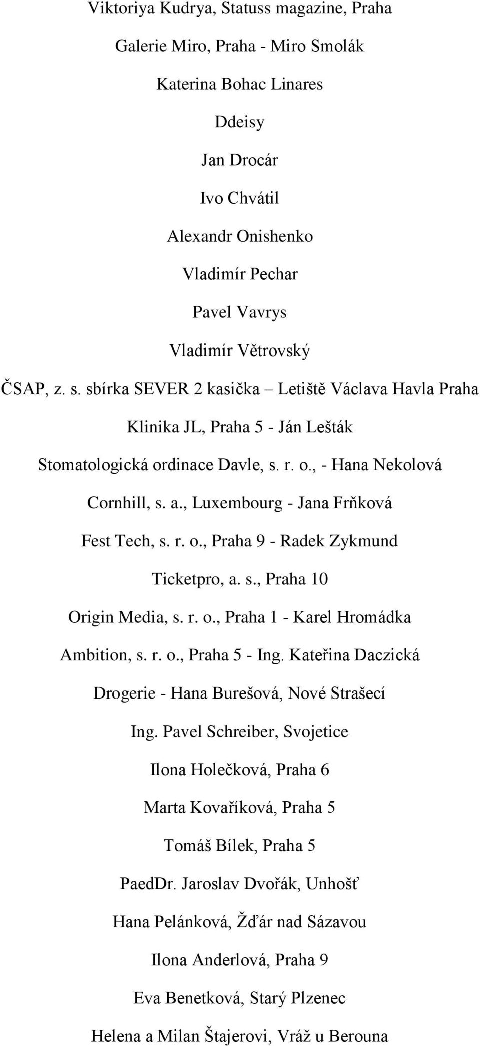 , Luxembourg - Jana Frňková Fest Tech, s. r. o., Praha 9 - Radek Zykmund Ticketpro, a. s., Praha 10 Origin Media, s. r. o., Praha 1 - Karel Hromádka Ambition, s. r. o., Praha 5 - Ing.