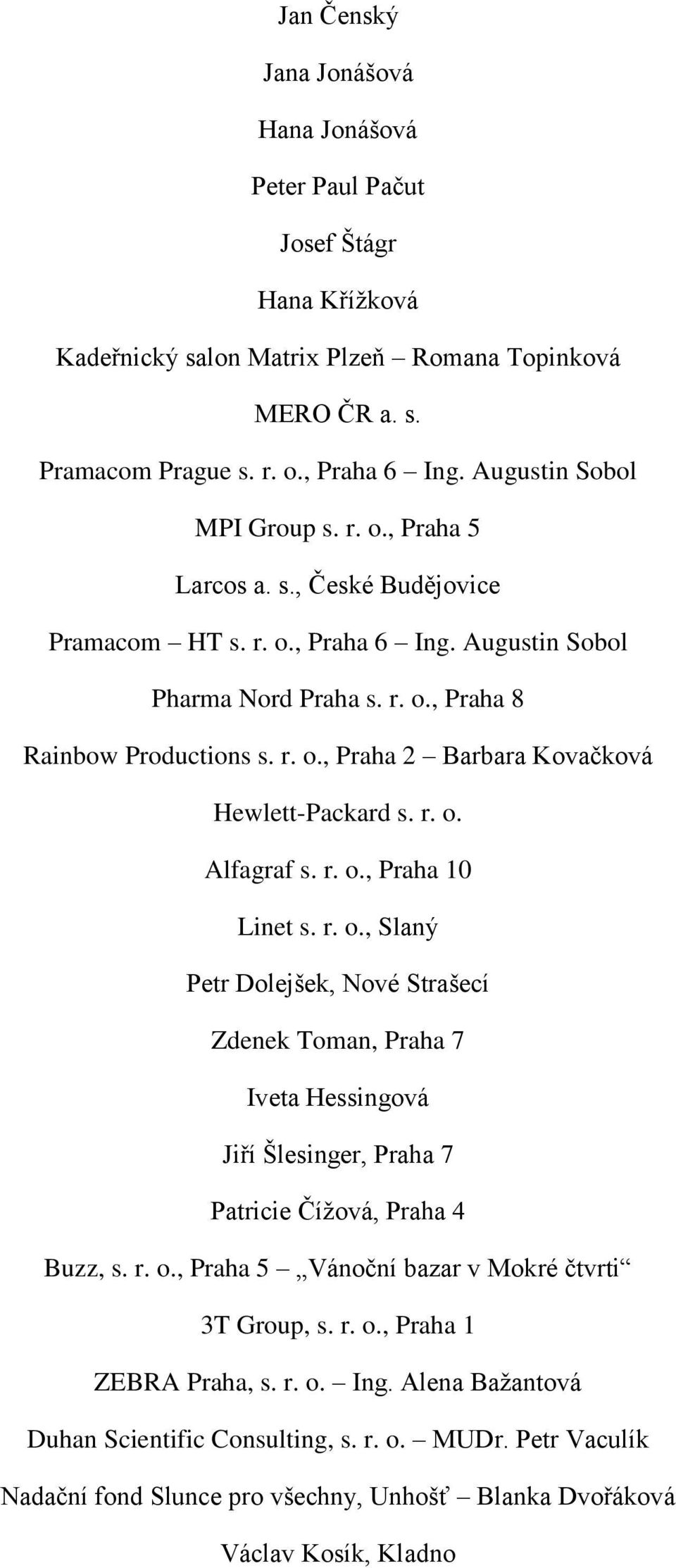 r. o. Alfagraf s. r. o., Praha 10 Linet s. r. o., Slaný Petr Dolejšek, Nové Strašecí Zdenek Toman, Praha 7 Iveta Hessingová Jiří Šlesinger, Praha 7 Patricie Čížová, Praha 4 Buzz, s. r. o., Praha 5 Vánoční bazar v Mokré čtvrti 3T Group, s.