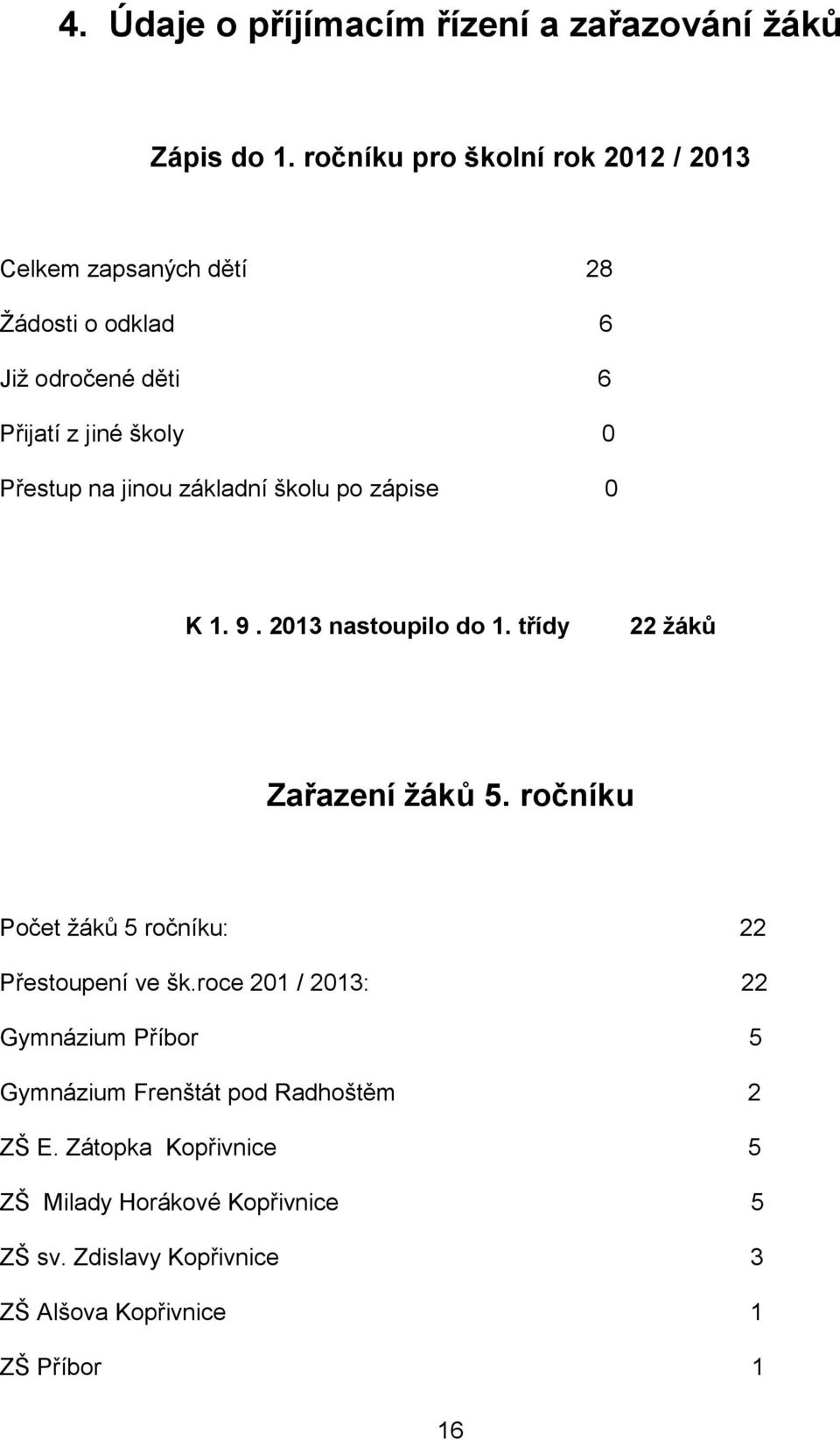 jinou základní školu po zápise 0 K 1. 9. 2013 nastoupilo do 1. třídy 22 žáků Zařazení žáků 5.