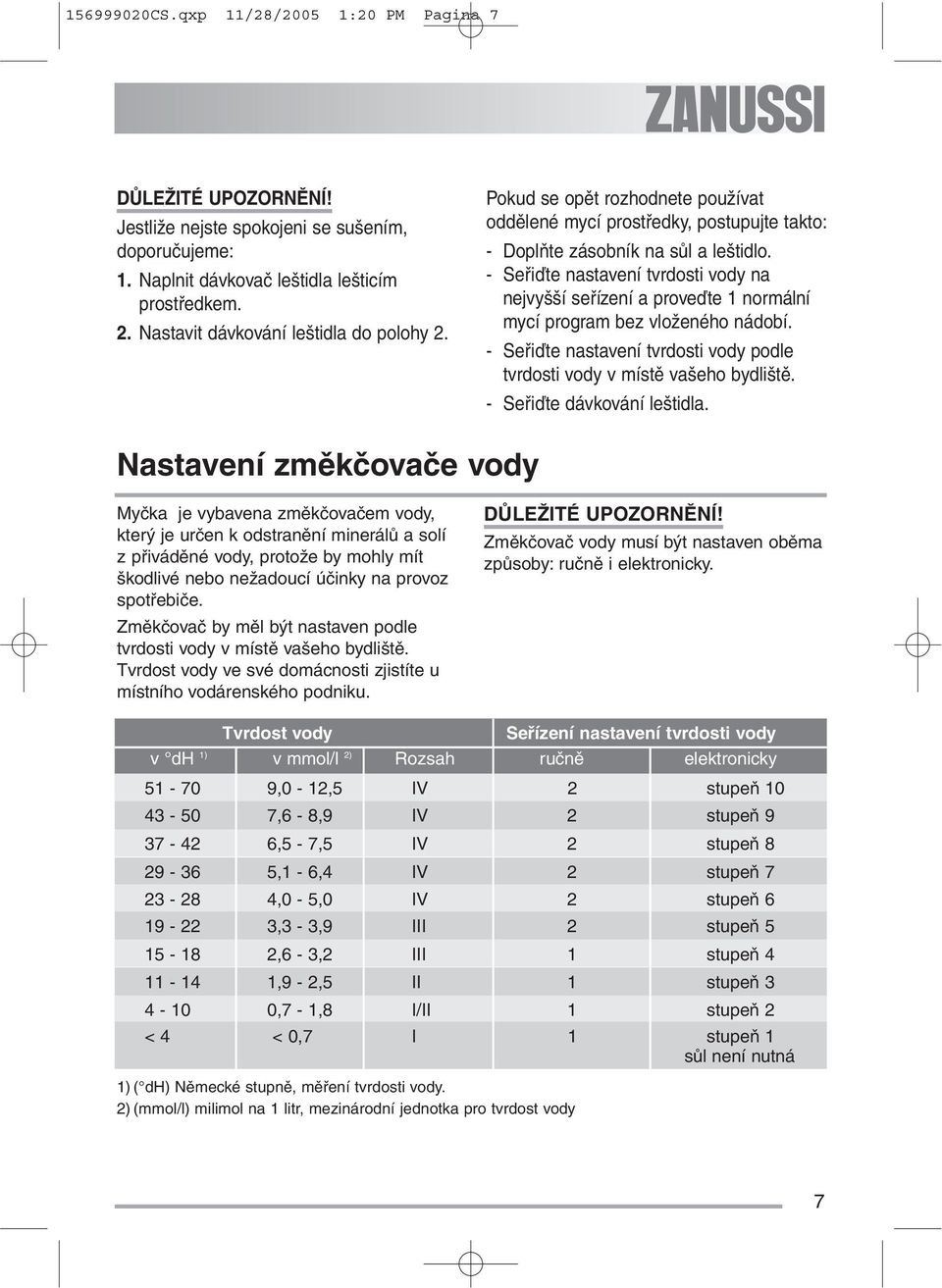 - Seřiďte nastavení tvrdosti vody na nejvyšší seřízení a proveďte 1 normální mycí program bez vloženého nádobí. - Seřiďte nastavení tvrdosti vody podle tvrdosti vody v místě vašeho bydliště.