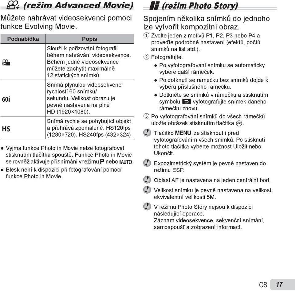 Snímá rychle se pohybující objekt a přehrává zpomaleně. HS120fps (1280 720), HS240fps (432 324) Vyjma funkce Photo in Movie nelze fotografovat stisknutím tlačítka spouště.