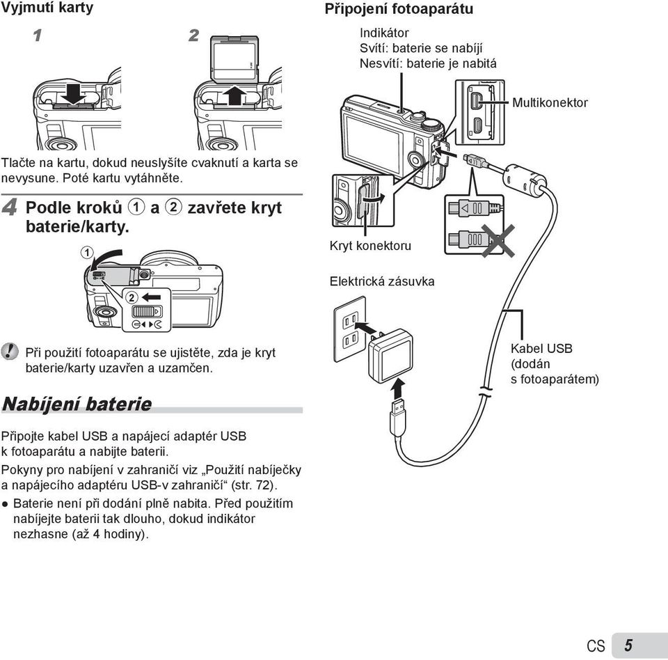 1 2 Kryt konektoru Elektrická zásuvka Při použití fotoaparátu se ujistěte, zda je kryt baterie/karty uzavřen a uzamčen.