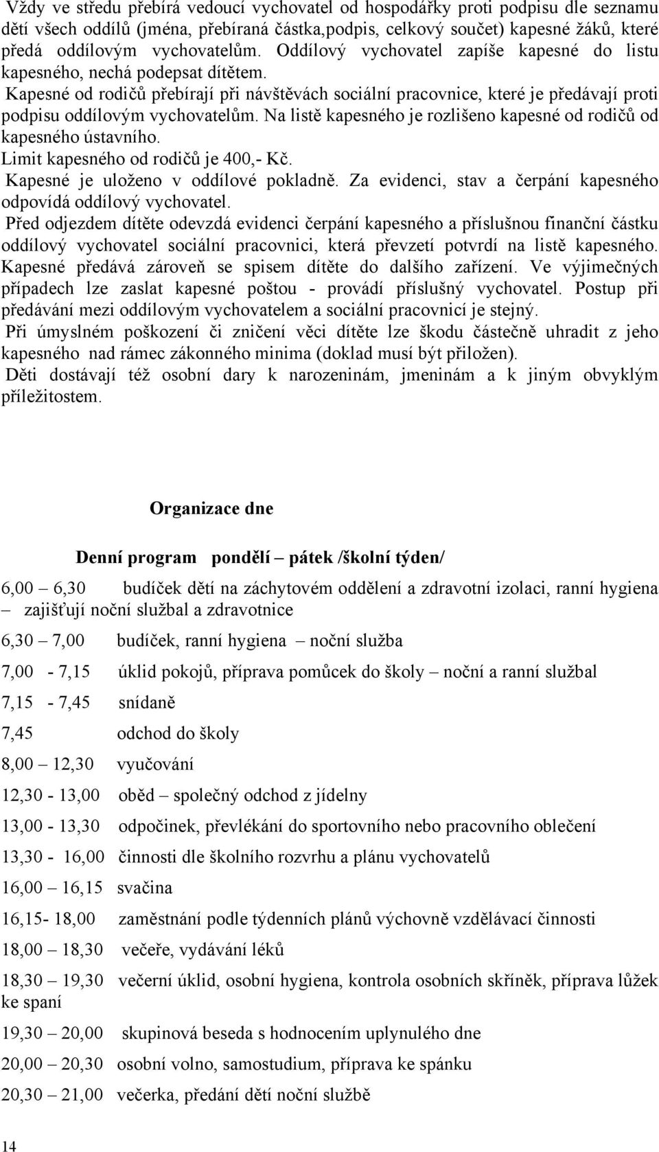 Na listě kapesného je rozlišeno kapesné od rodičů od kapesného ústavního. Limit kapesného od rodičů je 400,- Kč. Kapesné je uloženo v oddílové pokladně.