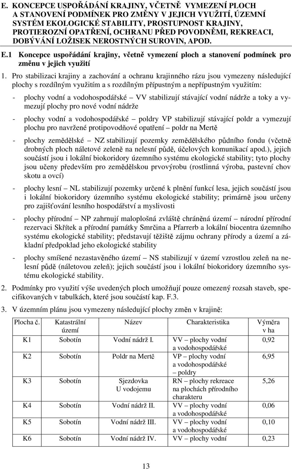 Pro stabilizaci krajiny a zachování a ochranu krajinného rázu jsou vymezeny následující plochy s rozdílným využitím a s rozdílným přípustným a nepřípustným využitím: - plochy vodní a vodohospodářské