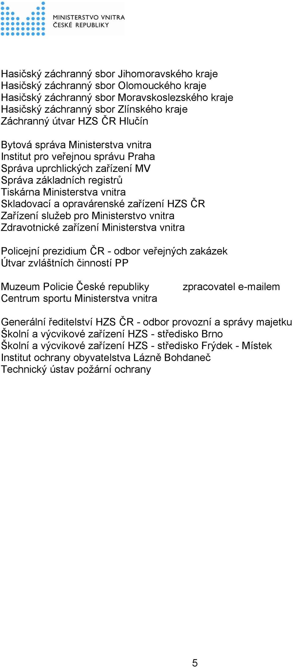 HZS ČR Zařízení služeb pro Ministerstvo vnitra Zdravotnické zařízení Ministerstva vnitra Policejní prezidium ČR - odbor veřejných zakázek Útvar zvláštních činností PP Muzeum Policie České republiky