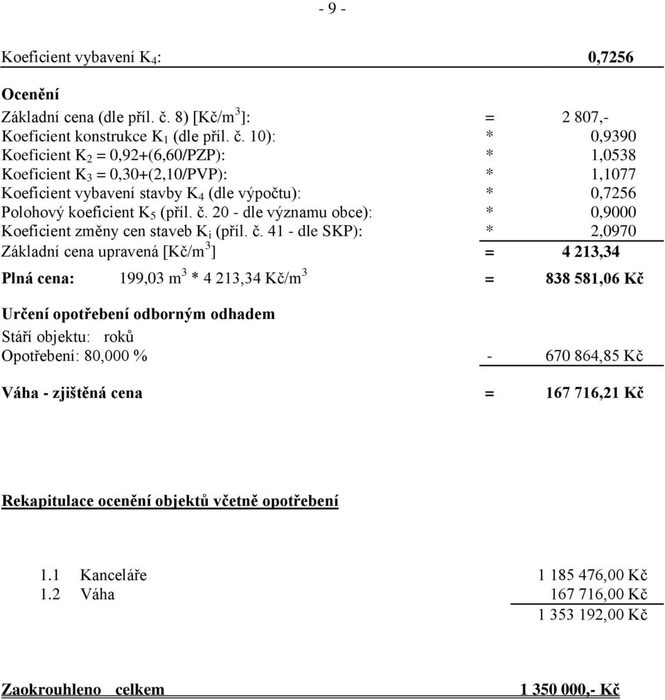 10): * 0,9390 Koeficient K 2 = 0,92+(6,60/PZP): * 1,0538 Koeficient K 3 = 0,30+(2,10/PVP): * 1,1077 Koeficient vybavení stavby K 4 (dle výpočtu): * 0,7256 Polohový koeficient K 5 (příl. č.