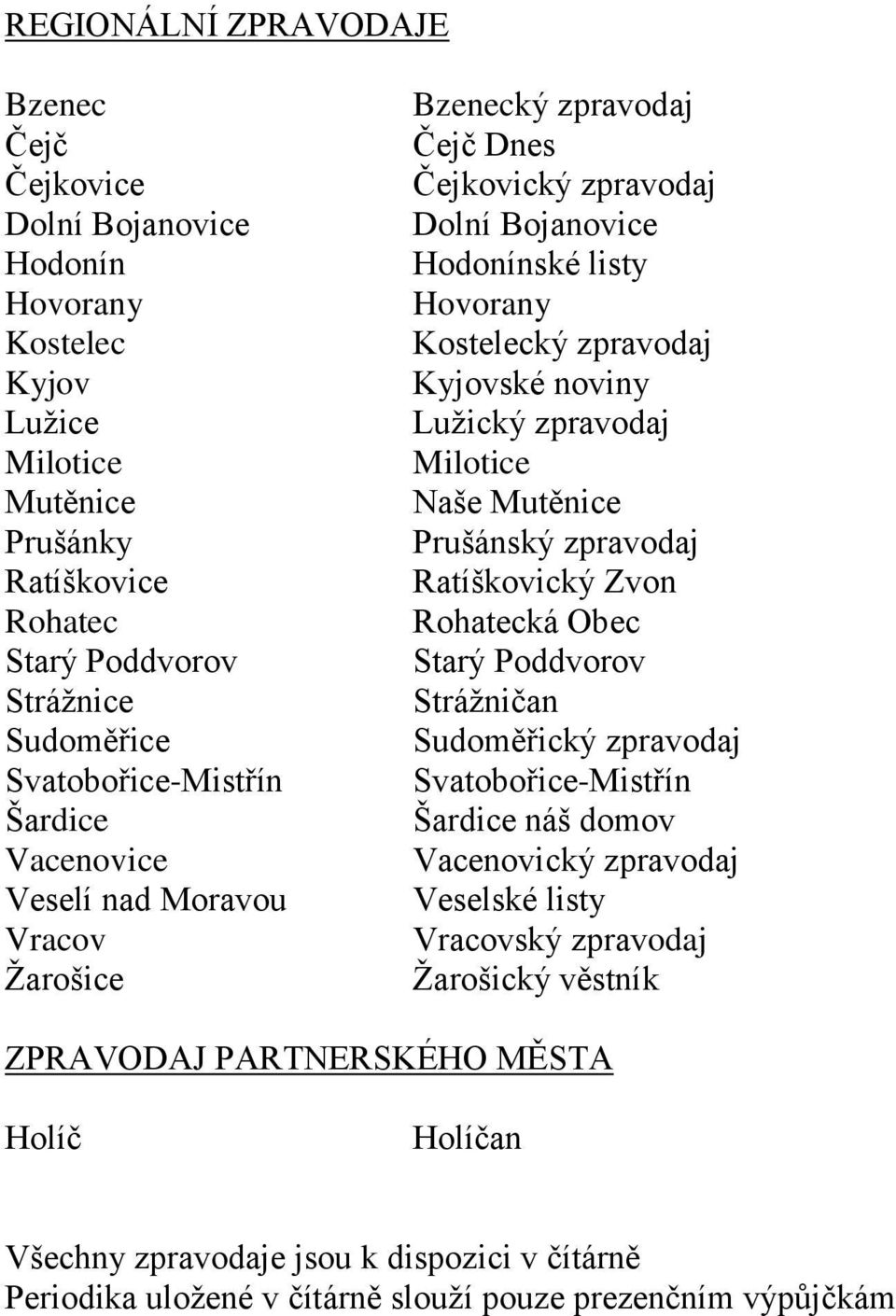 noviny Lužický zpravodaj Milotice Naše Mutěnice Prušánský zpravodaj Ratíškovický Zvon Rohatecká Obec Starý Poddvorov Strážničan Sudoměřický zpravodaj Svatobořice-Mistřín Šardice náš domov