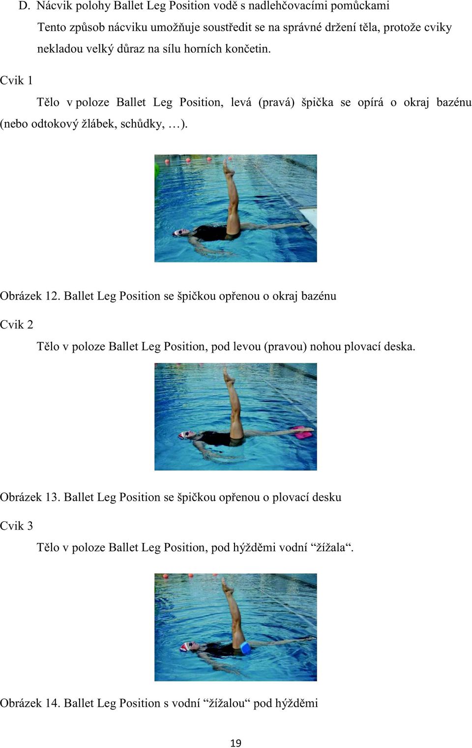 Ballet Leg Position se špičkou opřenou o okraj bazénu Cvik 2 Tělo v poloze Ballet Leg Position, pod levou (pravou) nohou plovací deska. Obrázek 13.