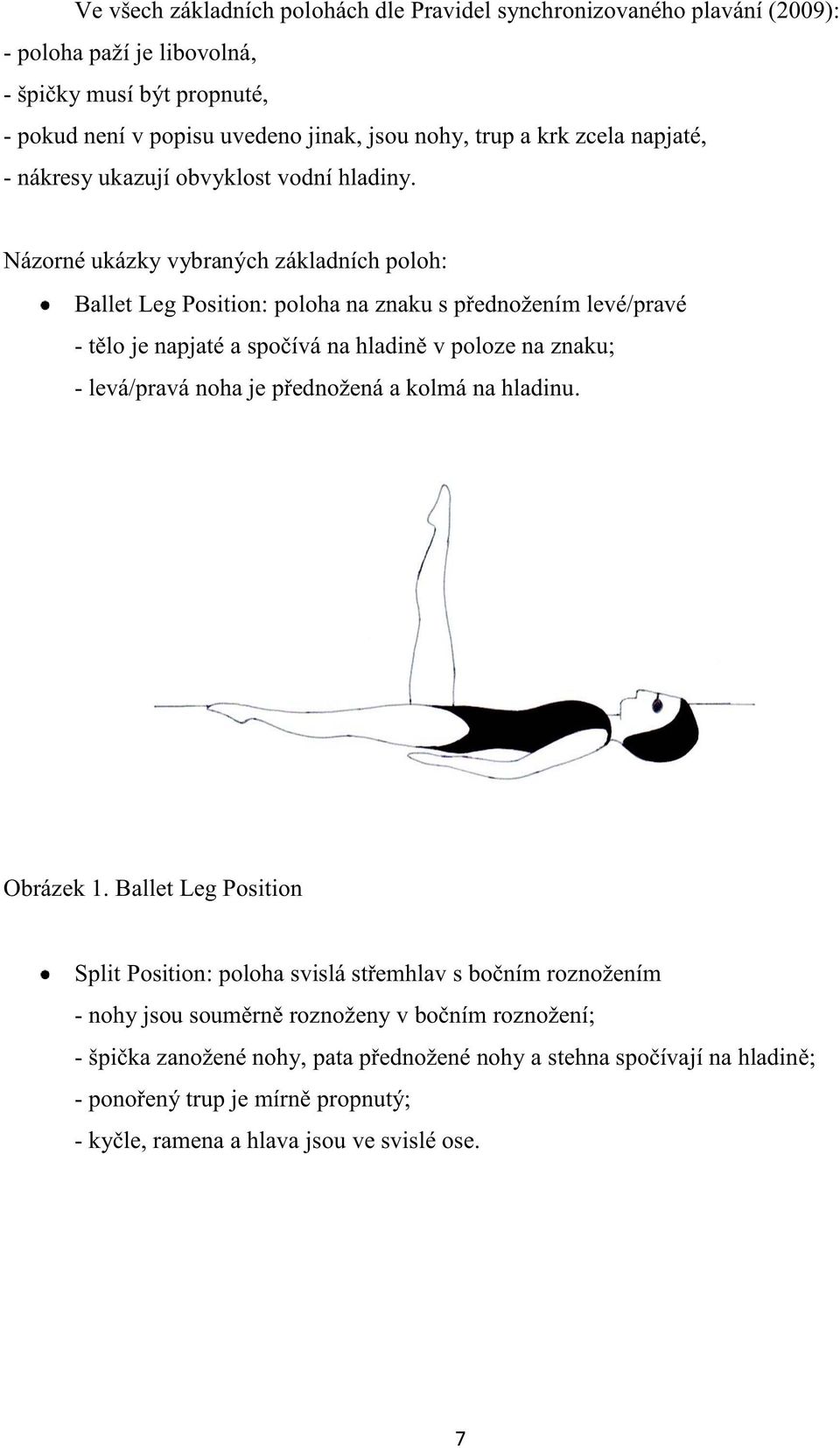 Názorné ukázky vybraných základních poloh: Ballet Leg Position: poloha na znaku s přednožením levé/pravé - tělo je napjaté a spočívá na hladině v poloze na znaku; - levá/pravá noha je