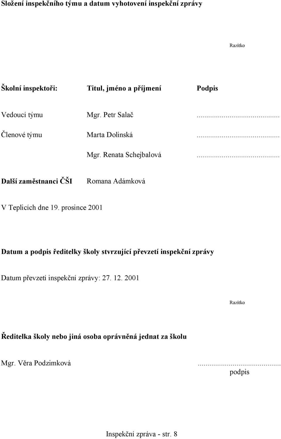 .. Další zaměstnanci ČŠI Romana Adámková V Teplicích dne 19.