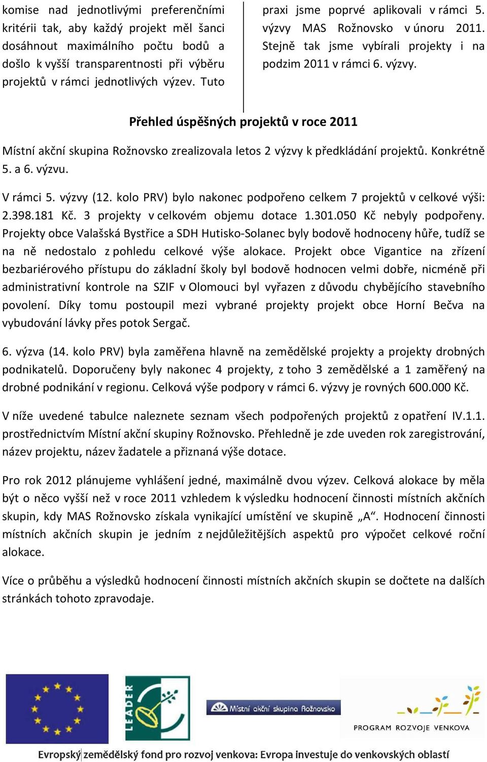 Konkrétně 5. a 6. výzvu. V rámci 5. výzvy (12. kolo PRV) bylo nakonec podpořeno celkem 7 projektů v celkové výši: 2.398.181 Kč. 3 projekty v celkovém objemu dotace 1.301.050 Kč nebyly podpořeny.