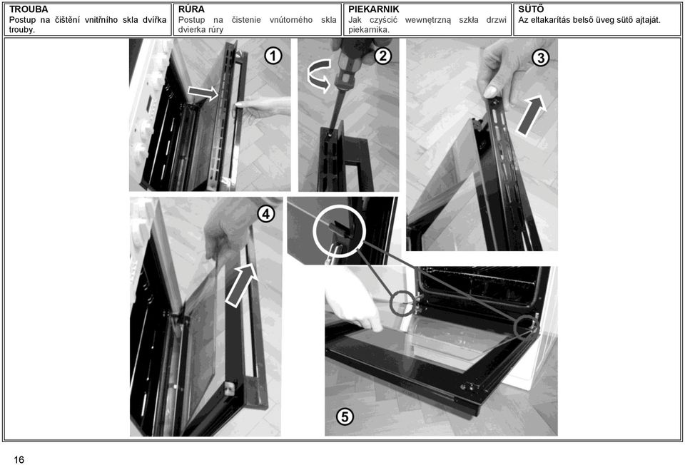 RÚRA Postup na čistenie vnútorného skla dvierka rúry