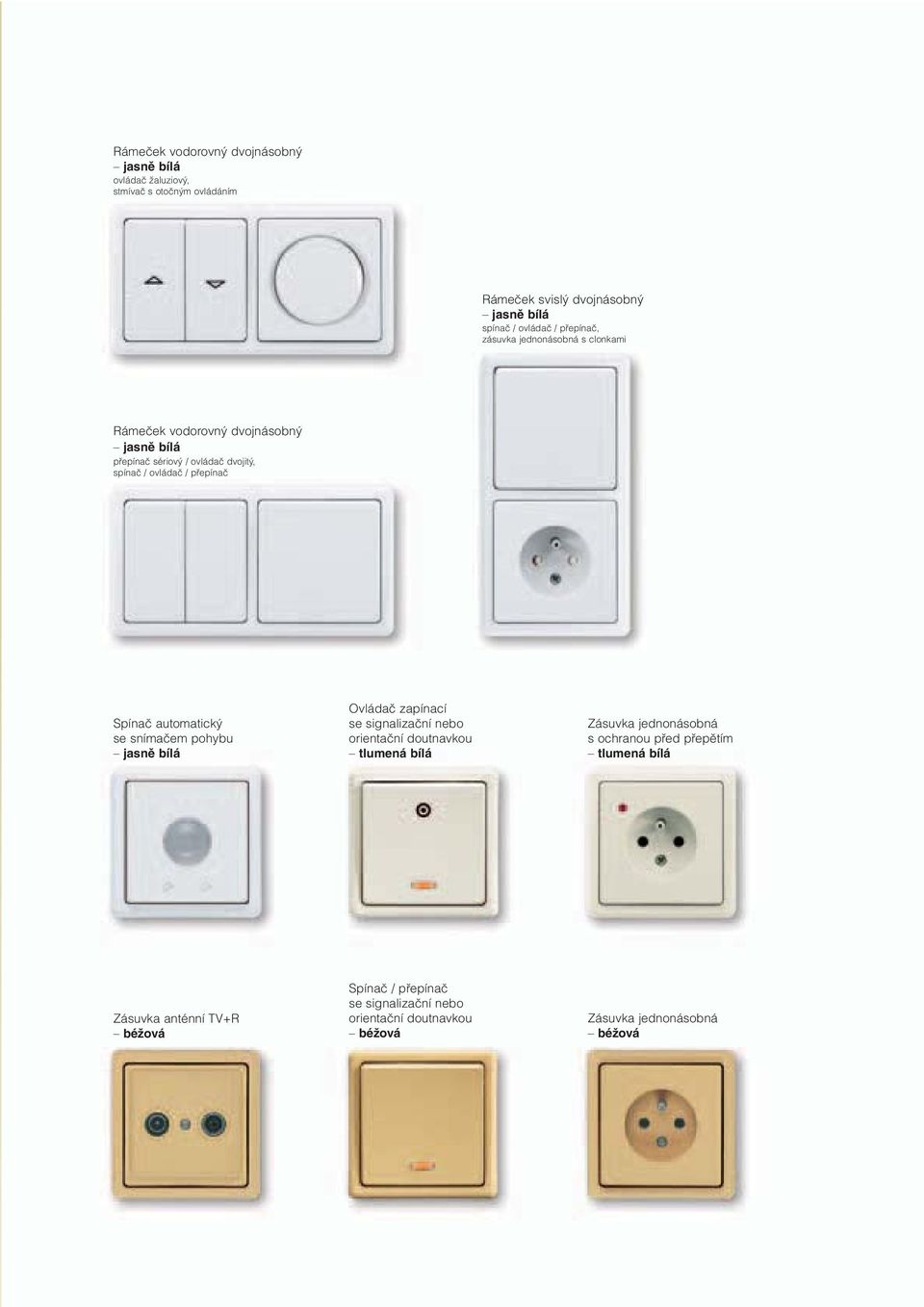 Spínač automatický se snímačem pohybu jasně bílá Ovládač zapínací se signalizační nebo orientační doutnavkou tlumená bílá Zásuvka jednonásobná s