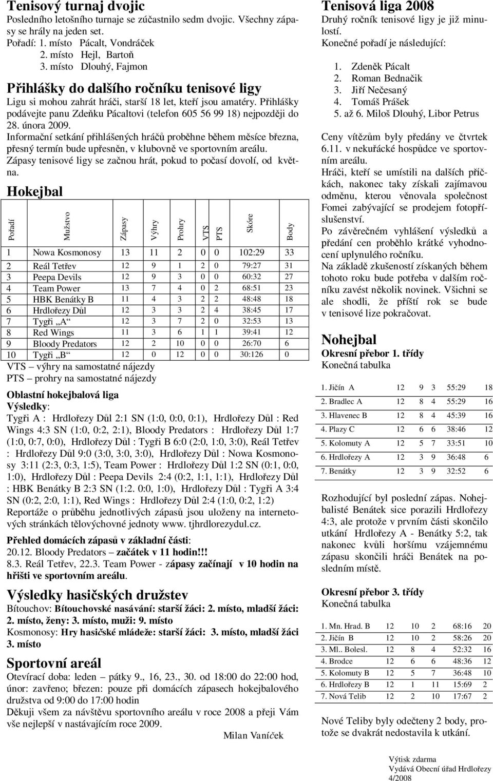 Pihlášky podávejte panu Zdeku Pácaltovi (telefon 605 56 99 18) nejpozdji do 28. února 2009.