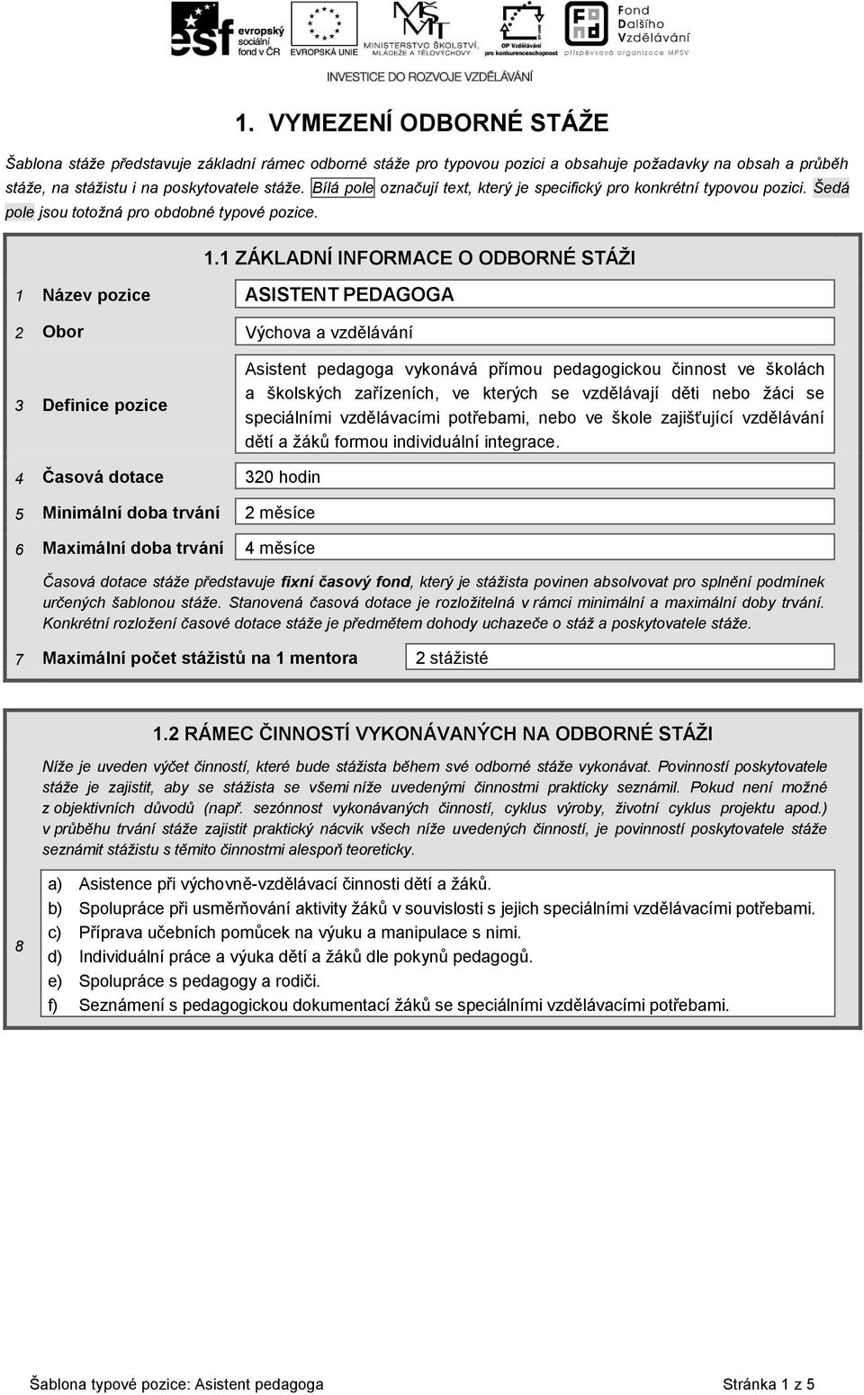 1 ZÁKLADNÍ INFORMACE O ODBORNÉ STÁŽI 1 Název pozice ASISTENT PEDAGOGA 2 Obor Výchova a vzdělávání 3 Definice pozice Asistent pedagoga vykonává přímou pedagogickou činnost ve školách a školských