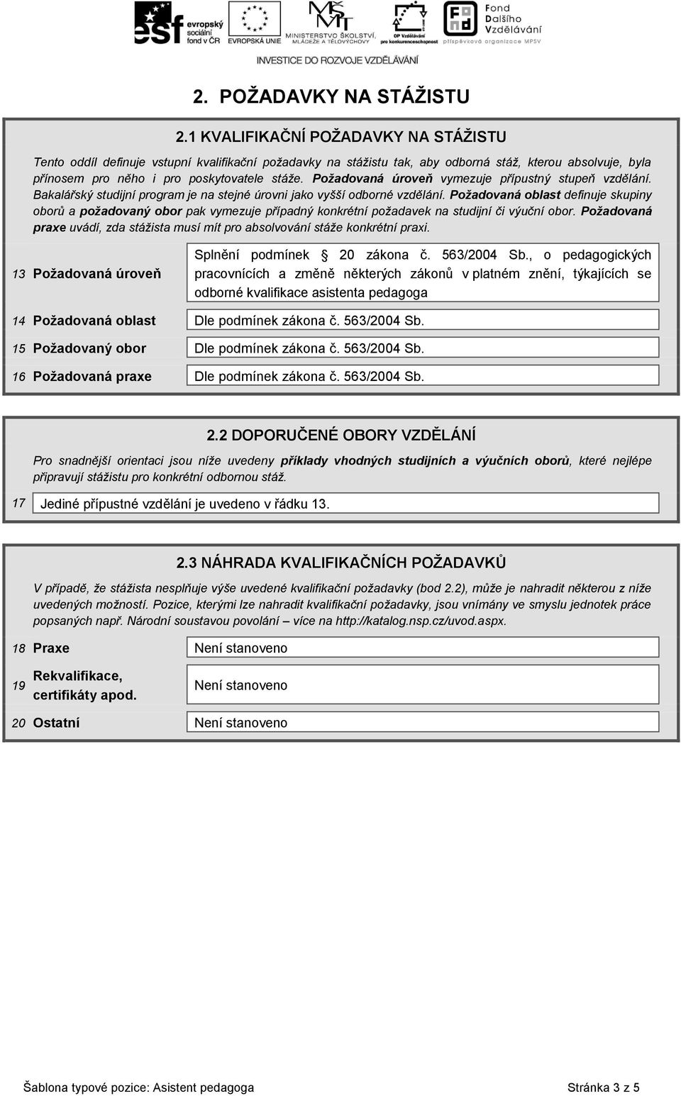 Požadovaná úroveň vymezuje přípustný stupeň vzdělání. Bakalářský studijní program je na stejné úrovni jako vyšší odborné vzdělání.