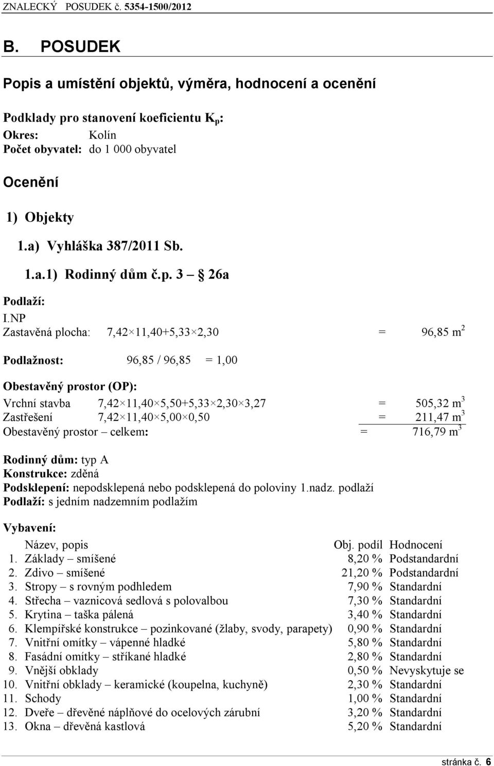 NP Zastavěná plocha: 7,42 11,40+5,33 2,30 = 96,85 m 2 Podlažnost: 96,85 / 96,85 = 1,00 Obestavěný prostor (OP): Vrchní stavba 7,42 11,40 5,50+5,33 2,30 3,27 = 505,32 m 3 Zastřešení 7,42 11,40 5,00