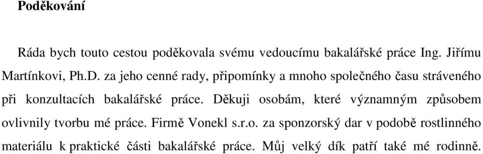 Děkuji osobám, které významným způsobem ovlivnily tvorbu mé práce. Firmě Vonekl s.r.o. za sponzorský dar v podobě rostlinného materiálu k praktické části bakalářské práce.