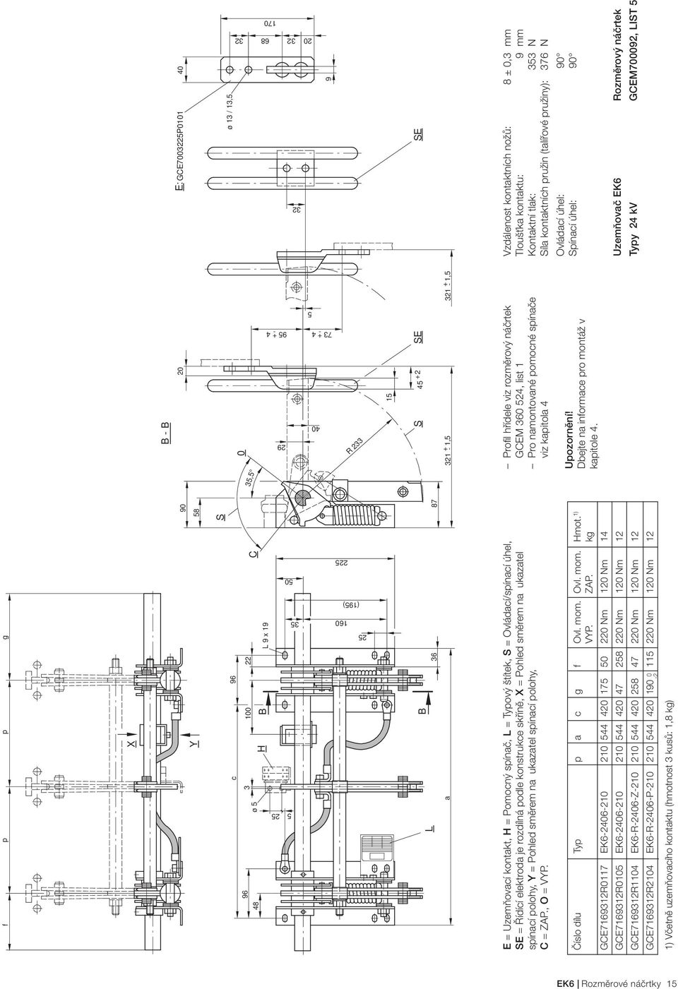 Uzemňovač EK6 Rozměrový náčrtek Typy 24 kv GCEM792, LIT 5 (195) 16 35 2 5 E = Uzemňovací kontakt, H = Pomocný spínač, L = Typový štítek, = Ovládací/spínací úhel, E = Řídící elektroda je rozdílná