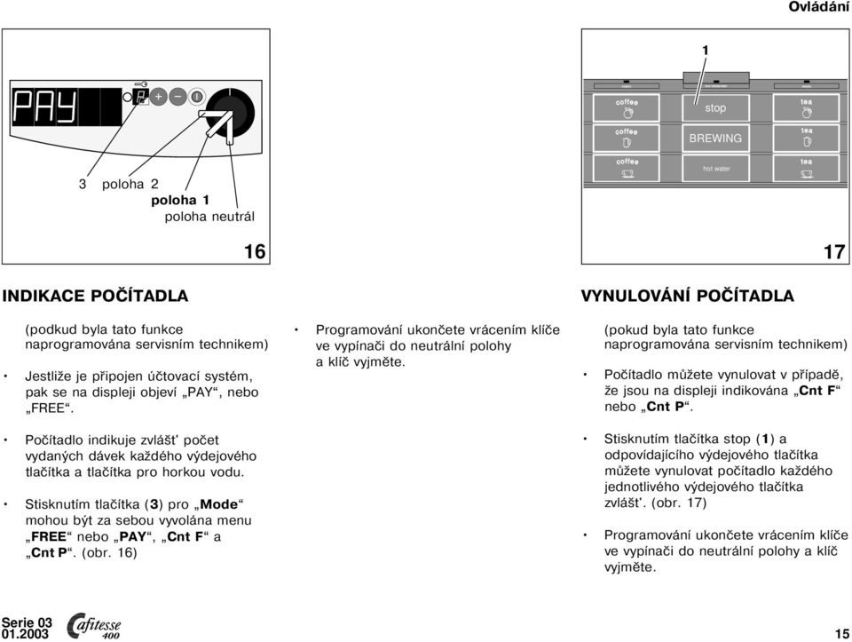 Stisknutím tlačítka (3) pro Mode mohou být za sebou vyvolána menu FREE nebo PAY, Cnt F a Cnt P. (obr. 6) Programování ukončete vrácením klíče ve vypínači do neutrální polohy a klíč vyjměte.