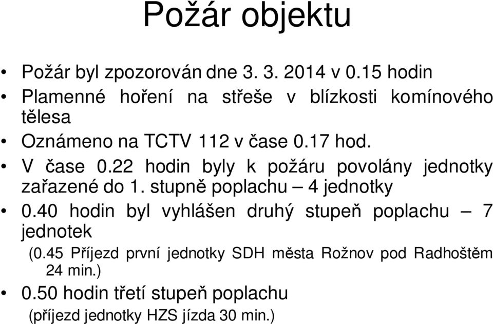 V čase 0.22 hodin byly k požáru povolány jednotky zařazené do 1. stupně poplachu 4 jednotky 0.