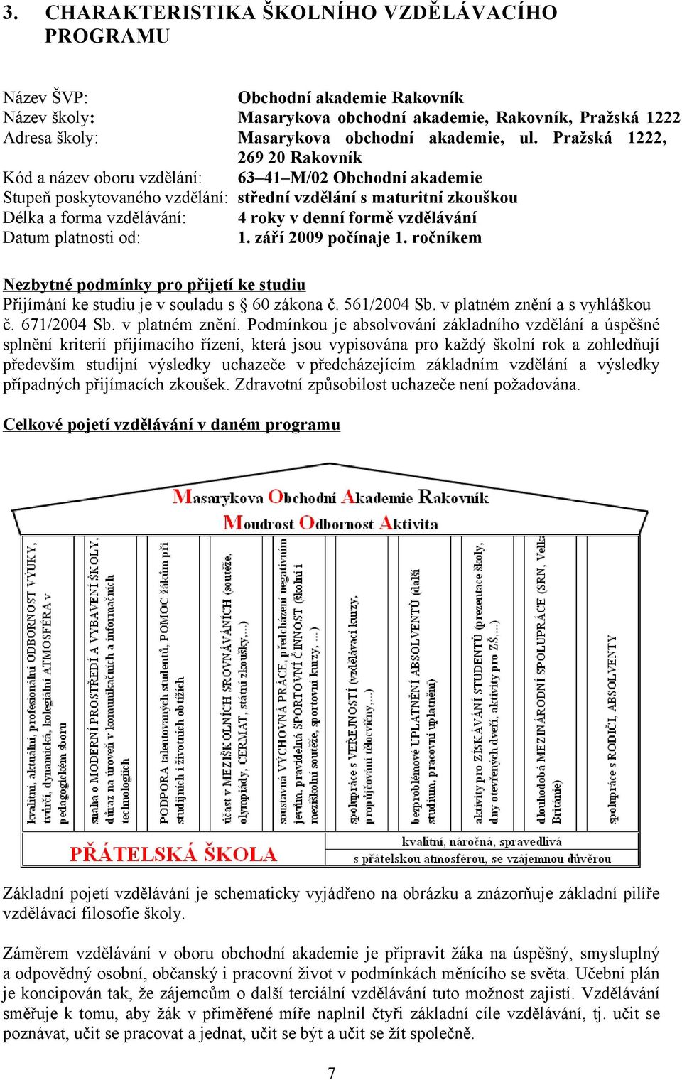 denní formě vzdělávání Datum platnosti od: 1. září 2009 počínaje 1. ročníkem Nezbytné podmínky pro přijetí ke studiu Přijímání ke studiu je v souladu s 60 zákona č. 561/2004 Sb.