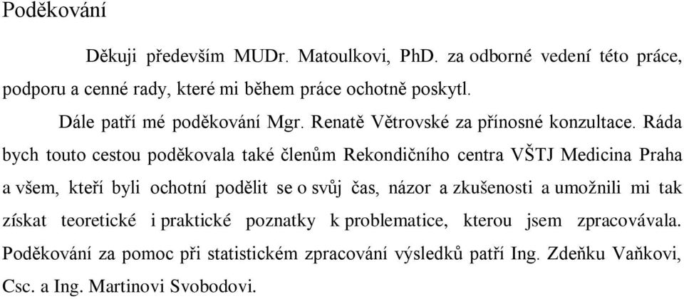 Ráda bych touto cestou poděkovala také členům Rekondičního centra VŠTJ Medicina Praha a všem, kteří byli ochotní podělit se o svůj čas, názor a