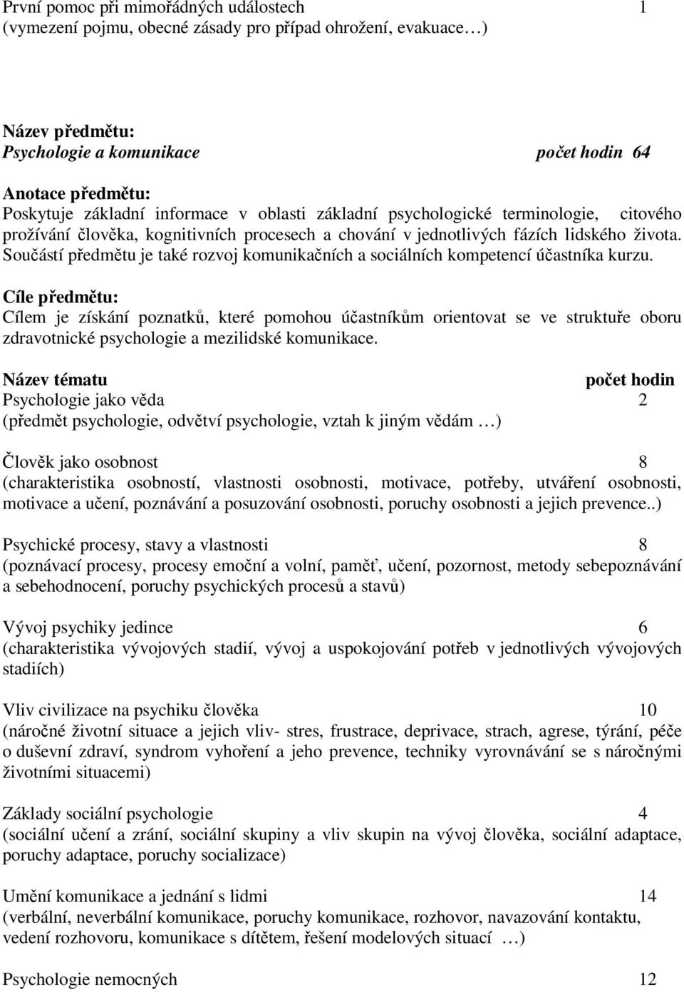 Součástí předmětu je také rozvoj komunikačních a sociálních kompetencí účastníka kurzu.