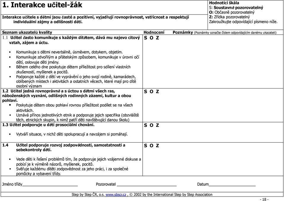 Seznam ukazatel ů kvality Hodnocení Poznámky (Poznámky označte číslem odpovídajícím danému ukazateli) 1.1 Učitel č asto komunikuje s každým dítě tem, dává mu najevo citový vztah, zájem a úctu.