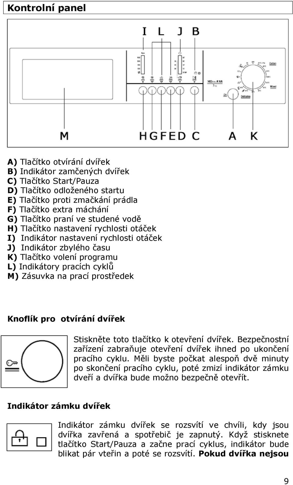 prací prostředek Knoflík pro otvírání dvířek Stiskněte toto tlačítko k otevření dvířek. Bezpečnostní zařízení zabraňuje otevření dvířek ihned po ukončení pracího cyklu.