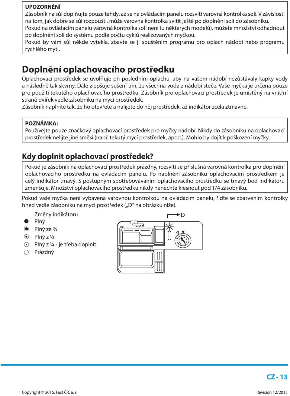 Pokud na ovládacím panelu varovná kontrolka soli není (u některých modelů), můžete množství odhadnout po doplnění soli do systému podle počtu cyklů realizovaných myčkou.