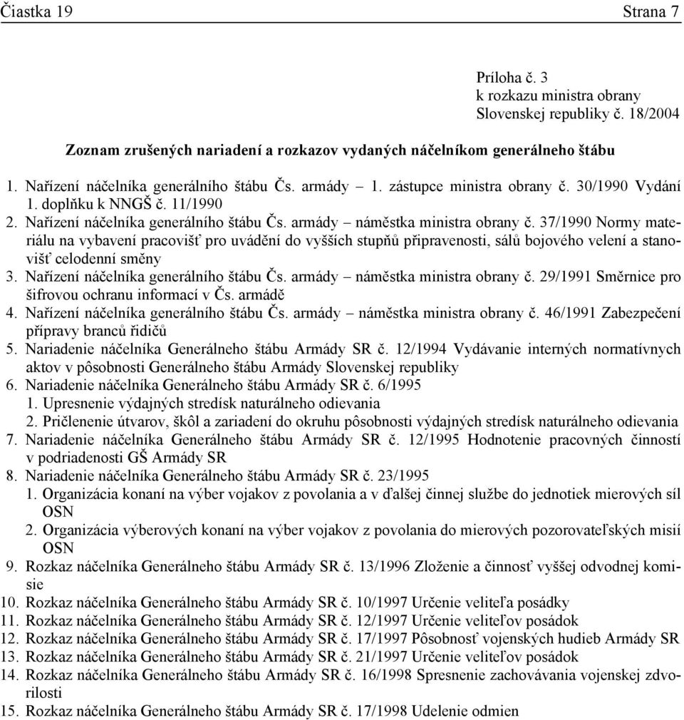 armády náměstka ministra obrany č. 37/1990 Normy materiálu na vybavení pracovišť pro uvádění do vyšších stupňů připravenosti, sálů bojového velení a stanovišť celodenní směny 3.