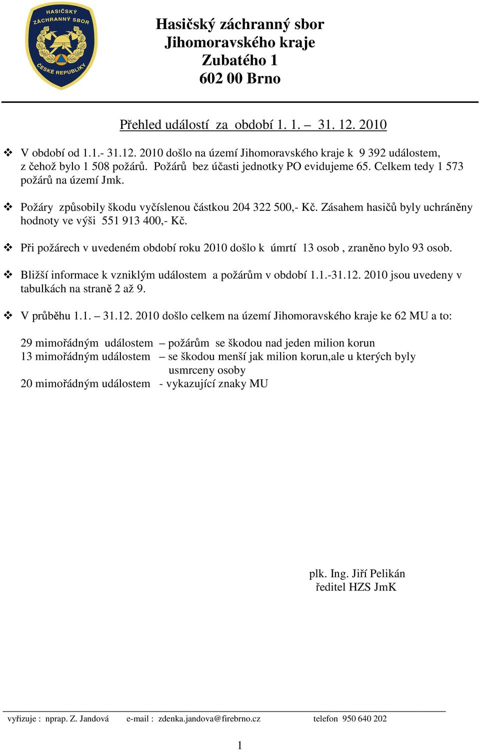 Při požárech v uvedeném období roku 2010 došlo k úmrtí 13 osob, zraněno bylo 93 osob. Bližší informace k vzniklým událostem a požárům v období 1.1.-31.12.