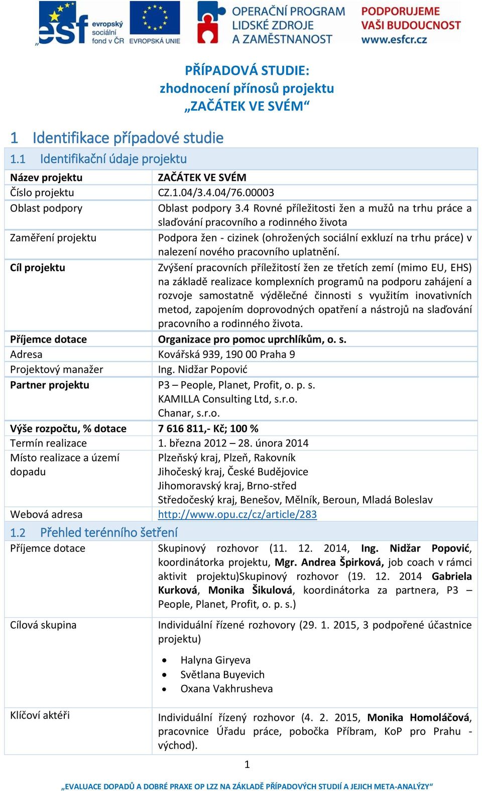 4 Rovné příležitosti žen a mužů na trhu práce a slaďování pracovního a rodinného života Zaměření projektu Podpora žen - cizinek (ohrožených sociální exkluzí na trhu práce) v nalezení nového