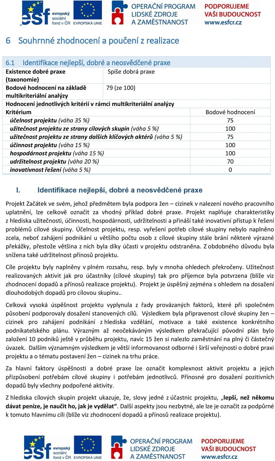 v rámci multikriteriální analýzy Kritérium Bodové hodnocení účelnost projektu (váha 35 %) 75 užitečnost projektu ze strany cílových skupin (váha 5 %) 100 užitečnost projektu ze strany dalších