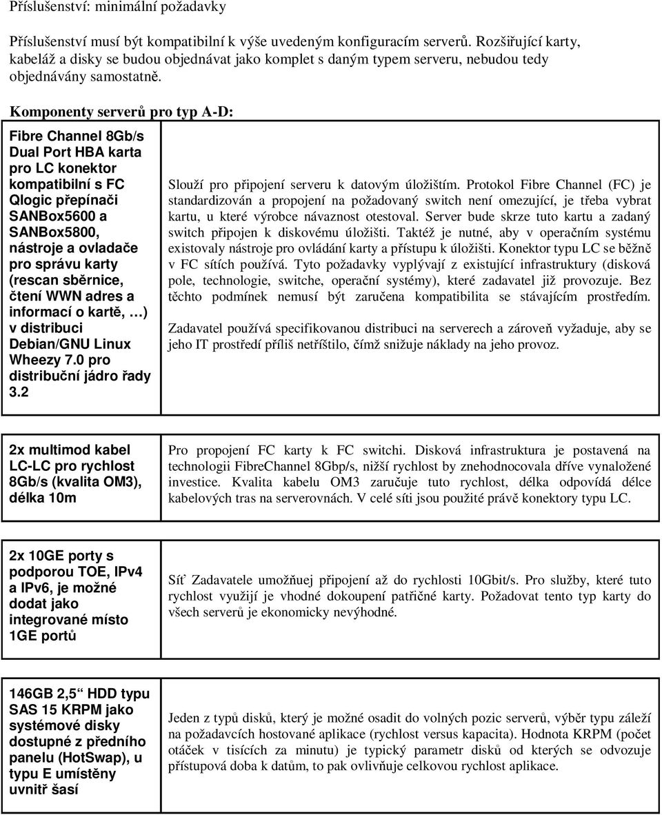 Komponenty server pro typ A-D: Fibre Channel 8Gb/s Dual Port HBA karta pro LC konektor kompatibilní s FC Qlogic p epína i SANBox5600 a SANBox5800, nástroje a ovlada e pro správu karty (rescan sb