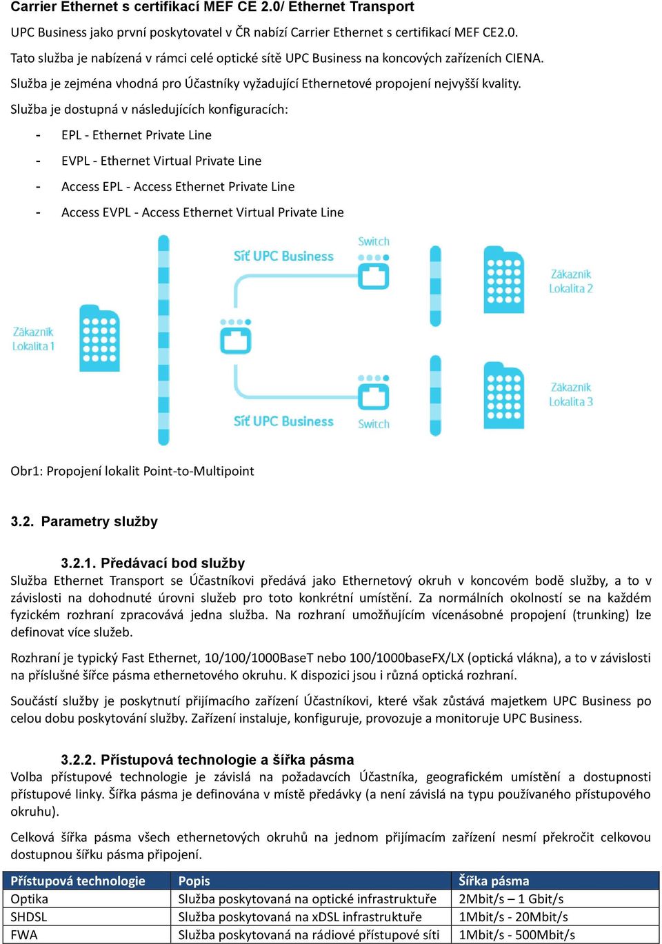 Služba je dostupná v následujících konfiguracích: - EPL - Ethernet Private Line - EVPL - Ethernet Virtual Private Line - Access EPL - Access Ethernet Private Line - Access EVPL - Access Ethernet