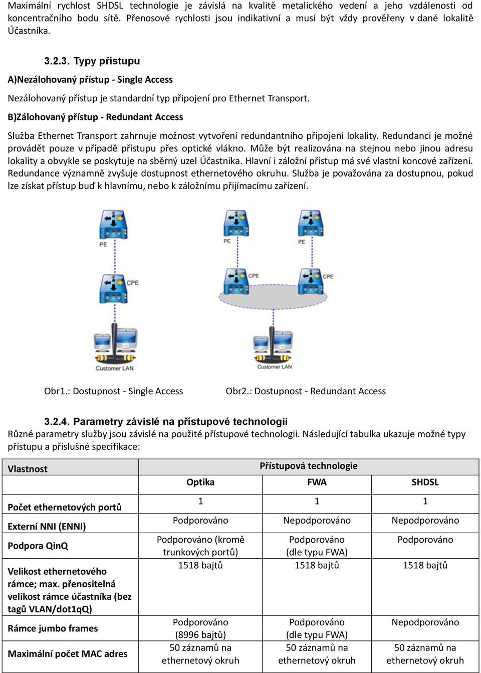 2.3. Typy přístupu A)Nezálohovaný přístup - Single Access Nezálohovaný přístup je standardní typ připojení pro Ethernet Transport.