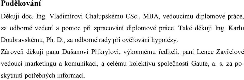 Také děkuji Ing. Karlu Doubravskému, Ph. D., za odborné rady při ověřování hypotézy.