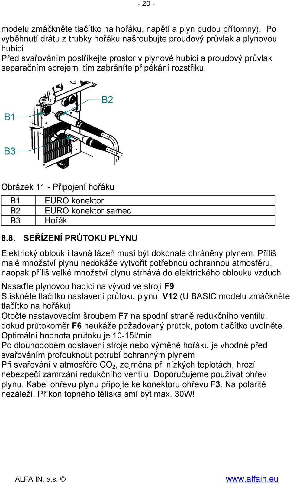 rozstřiku. Obrázek 11 - Připojení hořáku B1 EURO konektor B2 EURO konektor samec B3 Hořák 8.8. SEŘÍZENÍ PRŮTOKU PLYNU Elektrický oblouk i tavná lázeň musí být dokonale chráněny plynem.