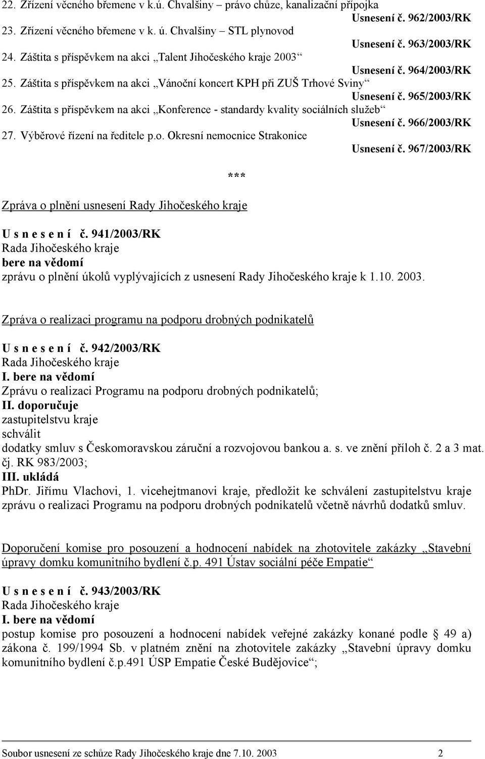 Záštita s příspěvkem na akci Konference - standardy kvality sociálních služeb Usnesení č. 966/2003/RK 27. Výběrové řízení na ředitele p.o. Okresní nemocnice Strakonice Usnesení č.