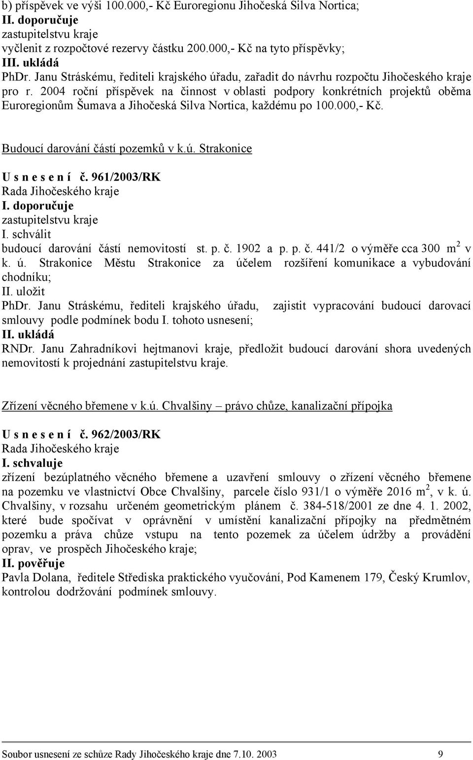 2004 roční příspěvek na činnost v oblasti podpory konkrétních projektů oběma Euroregionům Šumava a Jihočeská Silva Nortica, každému po 100.000,- Kč. Budoucí darování částí pozemků v k.ú.