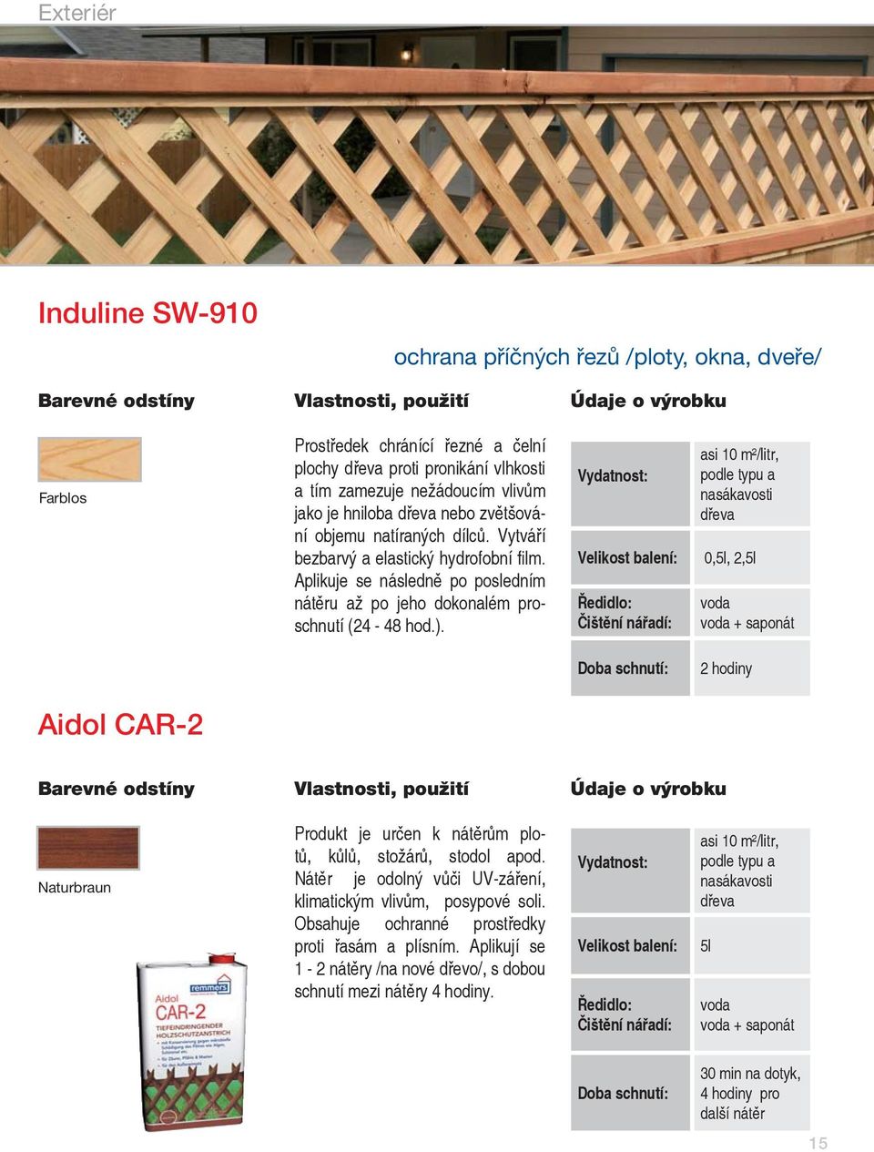 asi 10 m²/litr, podle typu a nasákavosti Velikost balení: 0,5l, 2,5l voda voda + saponát 2 hodiny Aidol CAR-2 Naturbraun Produkt je určen k nátěrům plotů, kůlů, stožárů, stodol apod.