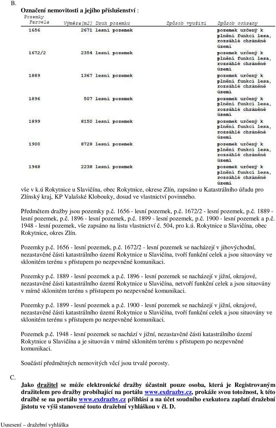 č. 1672/2 - lesní pozemek, p.č. 1889 - lesní pozemek, p.č. 1896 - lesní pozemek, p.č. 1899 - lesní pozemek, p.č. 1900 - lesní pozemek a p.č. 1948 - lesní pozemek, vše zapsáno na listu vlastnictví č.