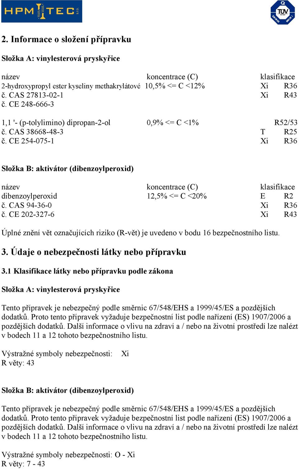 CAS 94-36-0 Xi R36 č. CE 202-327-6 Xi R43 Úplné znění vět označujících riziko (R-vět) je uvedeno v bodu 16 bezpečnostního listu. 3. Údaje o nebezpečnosti látky nebo přípravku 3.