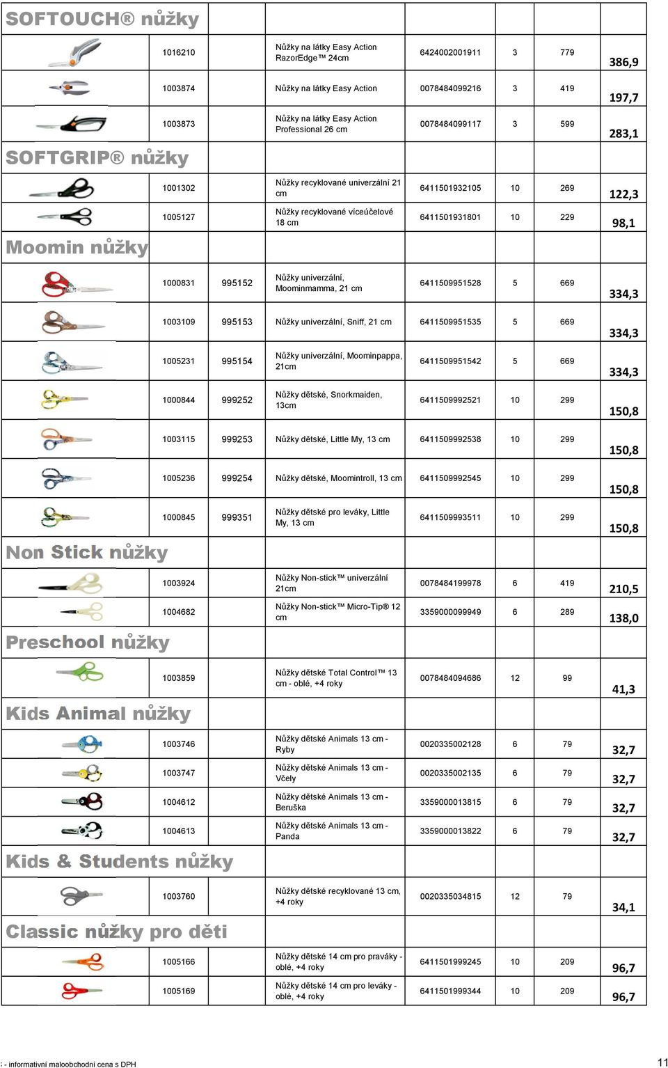 229 98,1 1000831 995152 Nůžky univerzální, Moominmamma, 21 cm 6411509951528 5 669 334,3 1003109 995153 Nůžky univerzální, Sniff, 21 cm 6411509951535 5 669 334,3 1005231 995154 Nůžky univerzální,