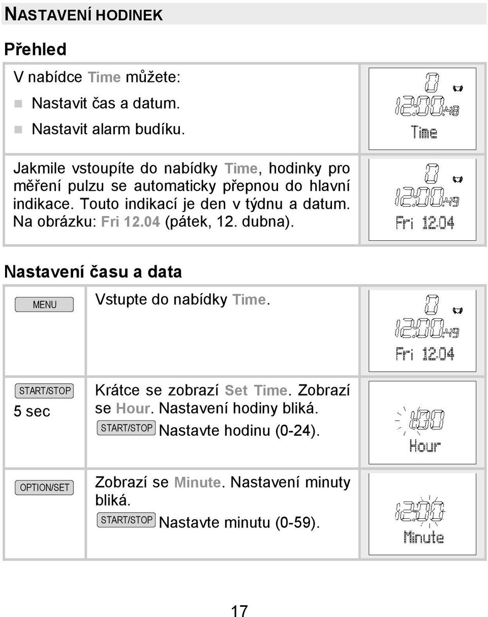 Touto indikací je den v týdnu a datum. Na obrázku: Fri 12.04 (pátek, 12. dubna).