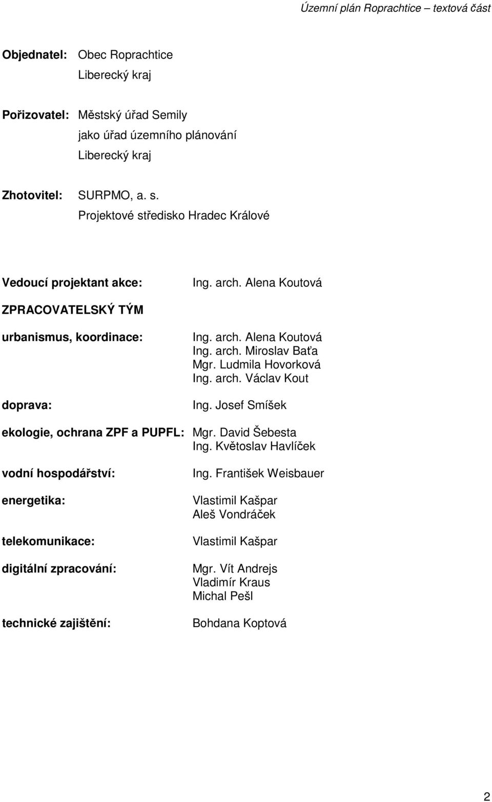 Ludmila Hovorková Ing. arch. Václav Kout Ing. Josef Smíšek ekologie, ochrana ZPF a PUPFL: Mgr. David Šebesta Ing.